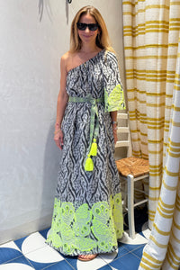 LONG WOVEN ONE SHOULDER DRESS BLACK/FLUO YELLOW