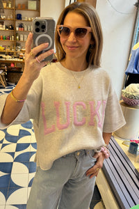 OVERSIZED COTTON PULLOVER "LUCKY" LIGHT GREY/BABY PINK