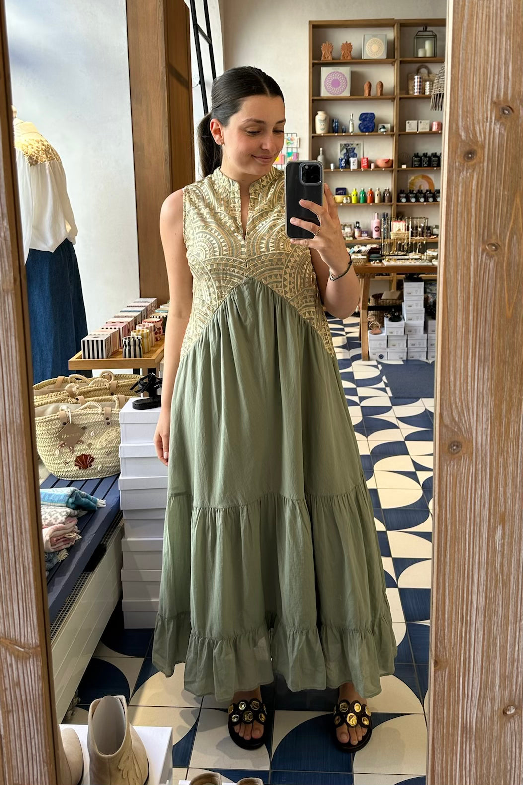 LONG SLEEVELESS COTTON DRESS "TRIANGLE" SAGE/GOLD