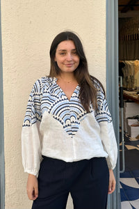 OVERSIZED LINEN/COTTON BLOUSE "TRIANGLE" - WHITE/BLUE/ECRU
