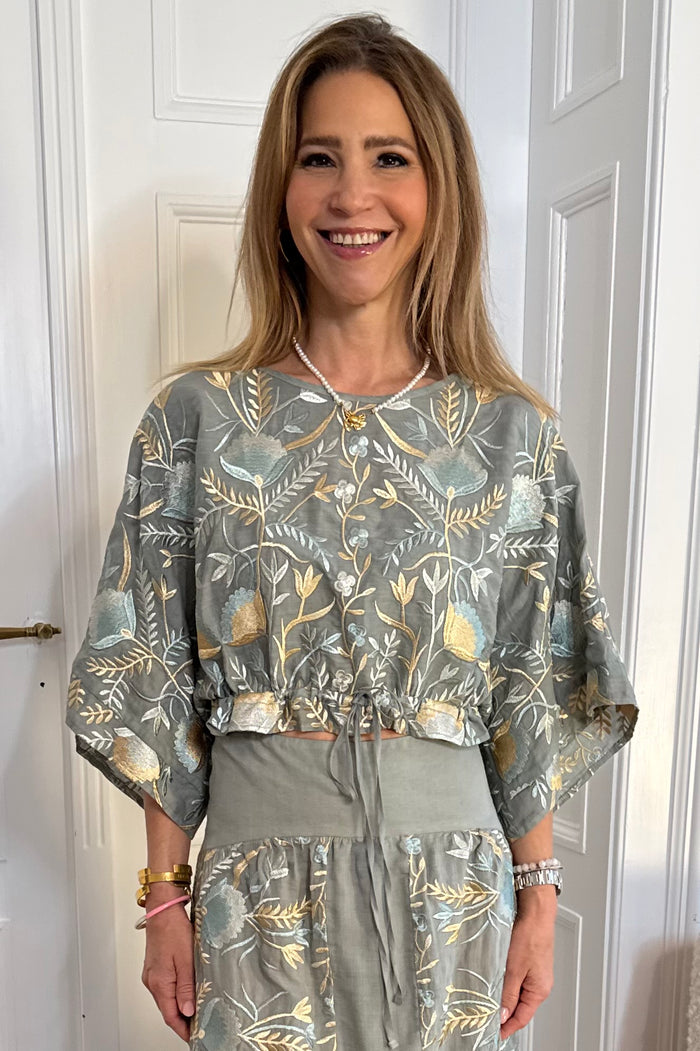 CROPPED RAMIE BLOUSE "BLOSSOM" STONE/MULTI GREEN