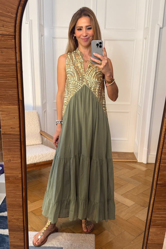 LONG SLEEVELESS COTTON DRESS "TRIANGLE" SAGE/GOLD