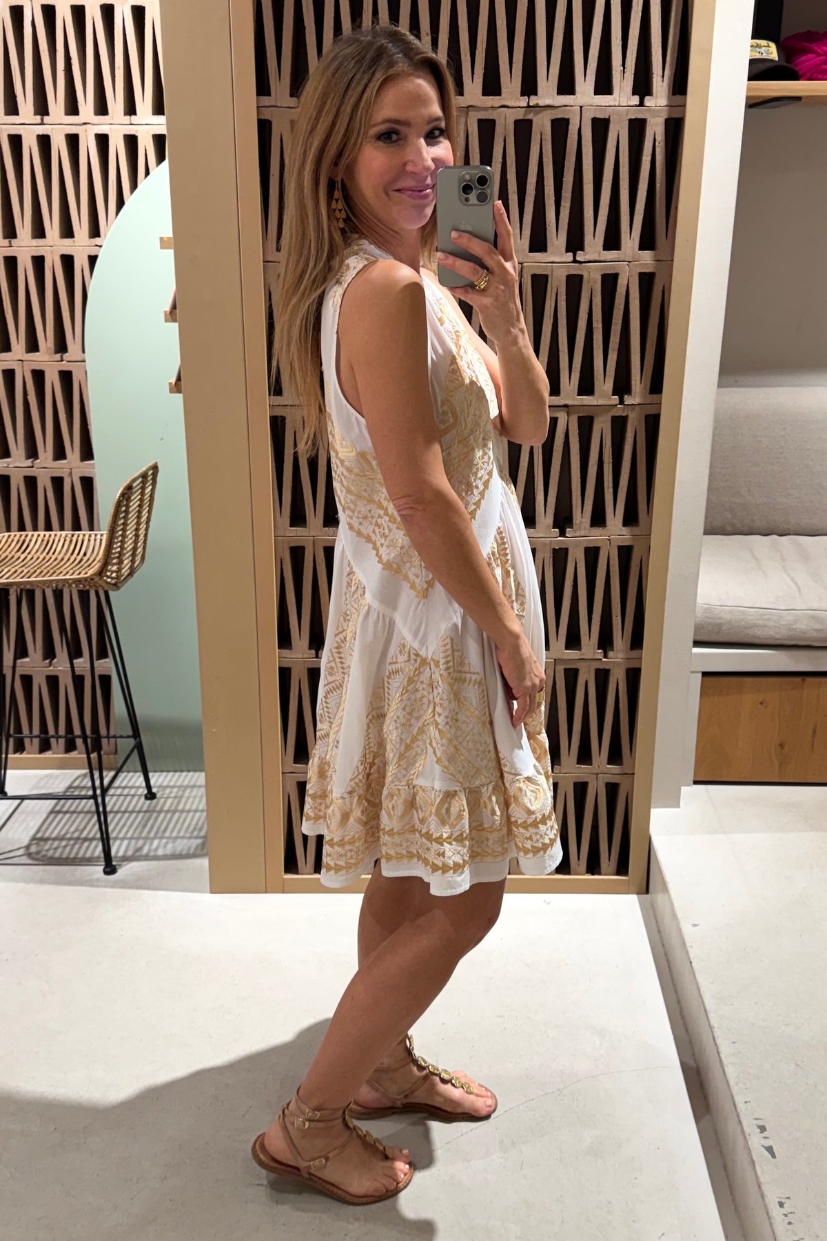 SHORT SLEEVELESS COTTON DRESS "EMBROIDERED" WHITE/GOLD