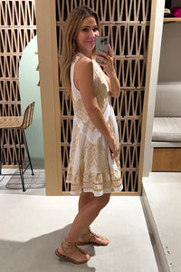 SHORT SLEEVELESS COTTON DRESS "EMBROIDERED" WHITE/GOLD