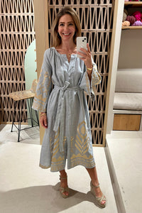 MIDI LINEN DRESS "FEATHER" BELL SLEEVES GREY/GOLD