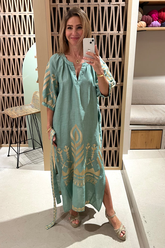 LONG LINEN DRESS "FEATHER" SEA GREEN/GOLD