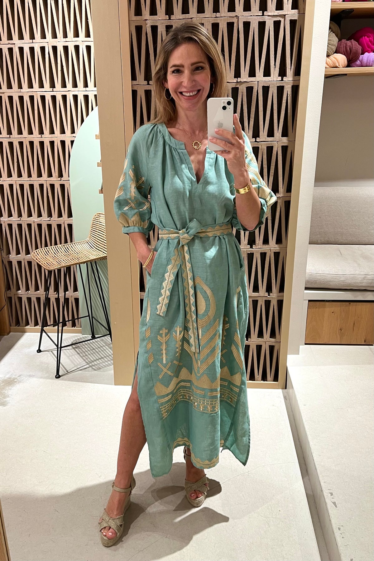 LONG LINEN DRESS "FEATHER" SEA GREEN/GOLD