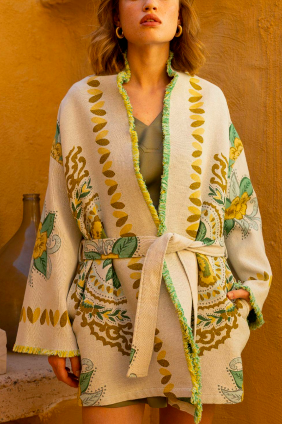 SHORT KIMONO "YASMINA" CREAM/GREEN