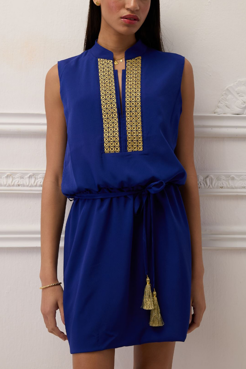 SHORT EMBROIDERED SLEEVELESS DRESS "DANAE" BLUE/GOLD