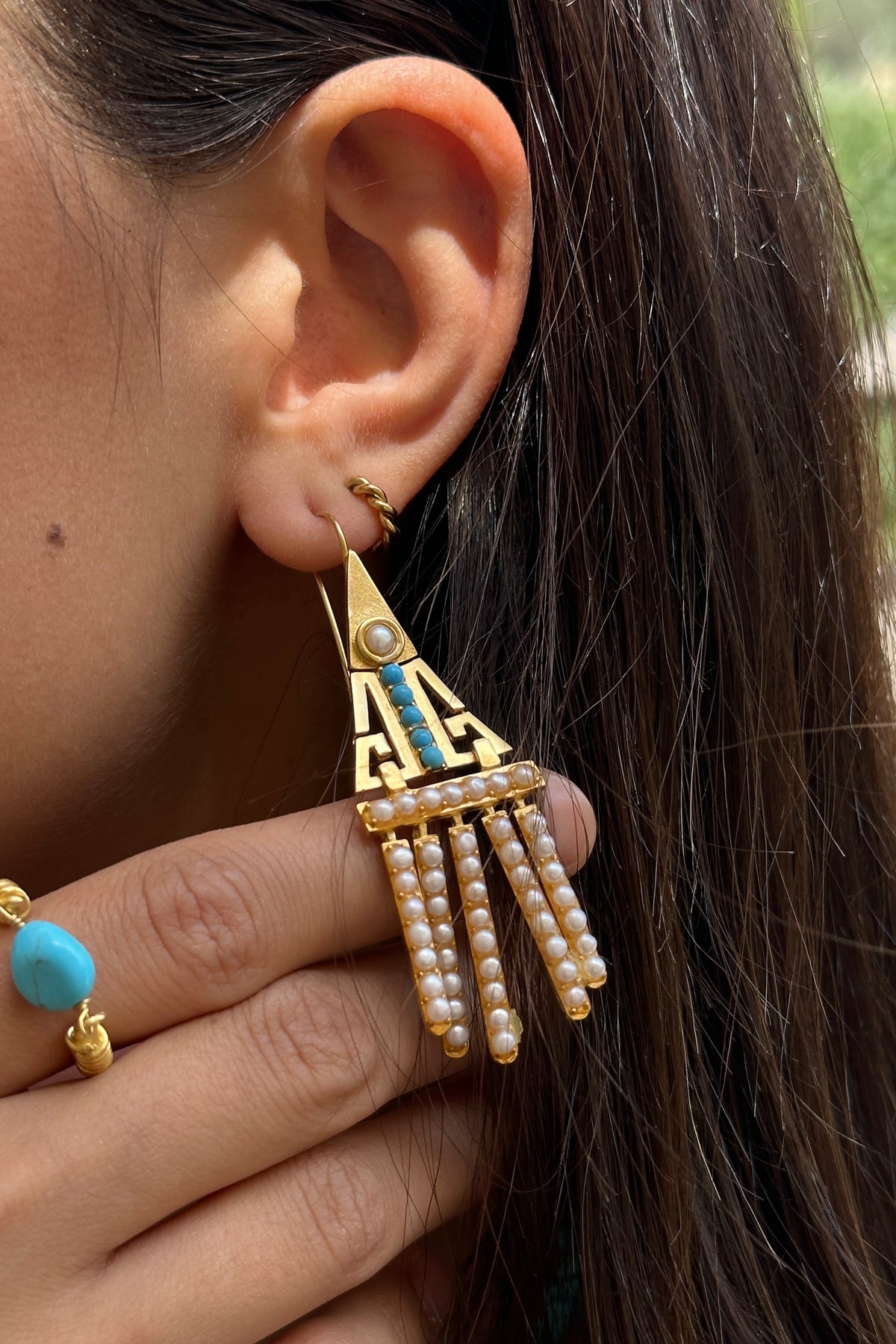 EARRINGS "DAISY" GOLD/PEARLS/TURQUOISE