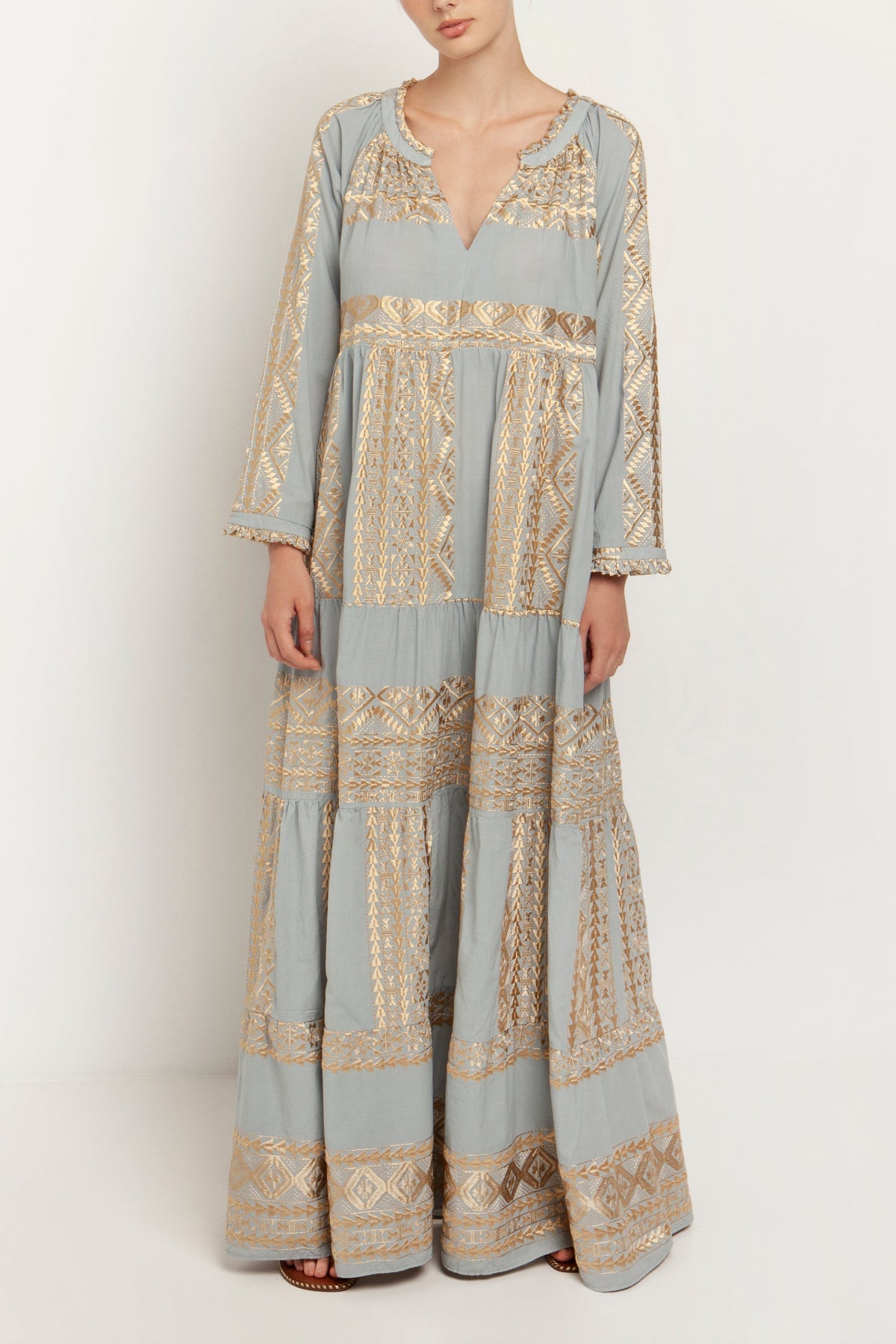 LONG DRESS "EMBROIDERED" CIEL/GOLD