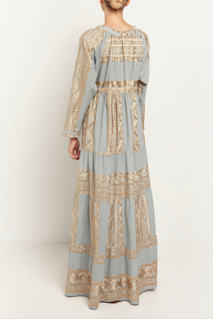 LONG DRESS "EMBROIDERED" CIEL/GOLD