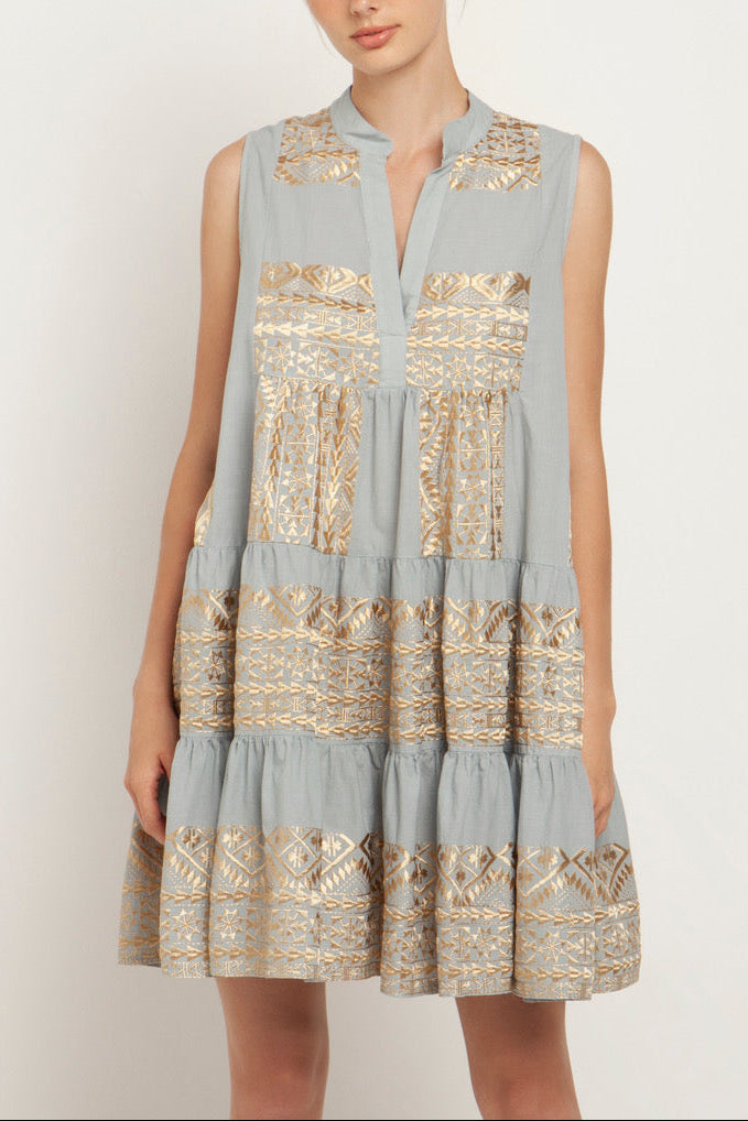 SHORT SLEEVELESS DRESS "EMBROIDERED" CIEL/GOLD