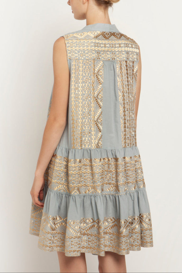 SHORT SLEEVELESS DRESS "EMBROIDERED" CIEL/GOLD