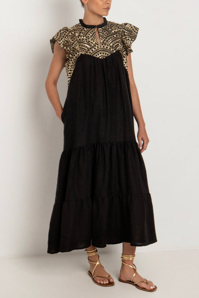 MIDI DRESS WITH RUFFLES "TRIANGLE" BLACK/GOLD