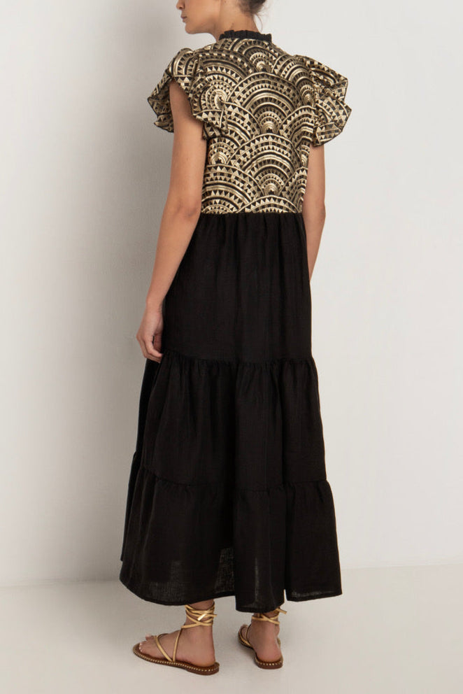 MIDI DRESS WITH RUFFLES "TRIANGLE" BLACK/GOLD