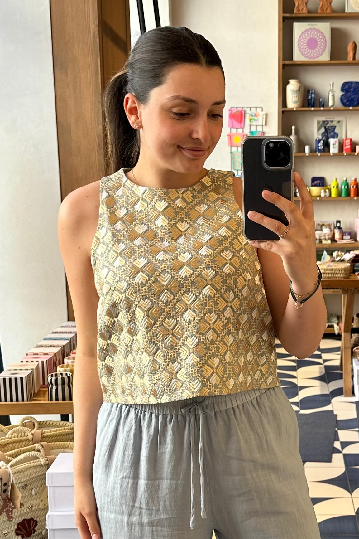 CROPPED EMBROIDERED RAMIE TOP "FLAKES" STONE/GOLD/CHAMPAGNE