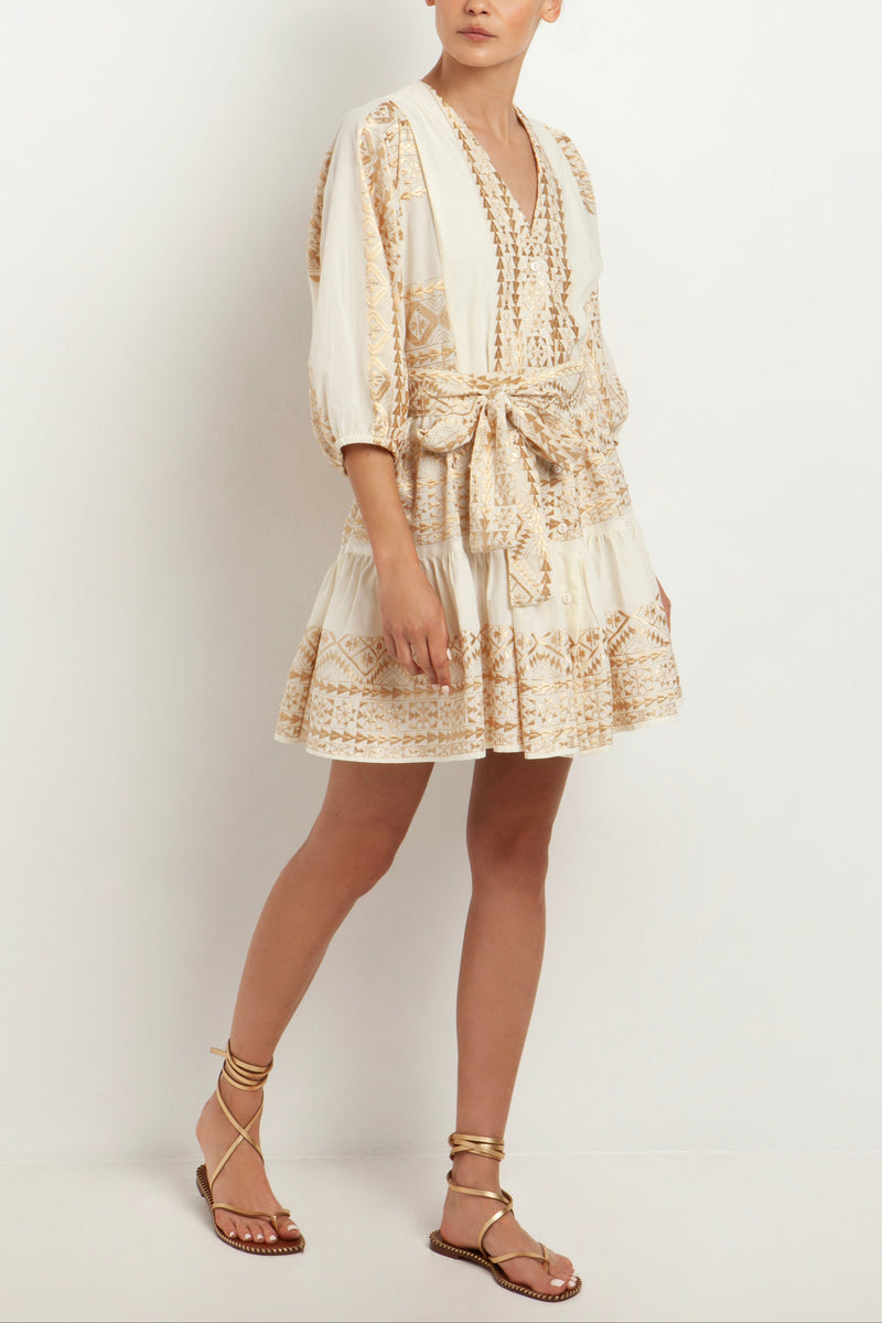 SHORT DRESS WITH BELT "EMBROIDERED" WHITE/GOLD