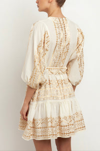 SHORT DRESS WITH BELT "EMBROIDERED" WHITE/GOLD