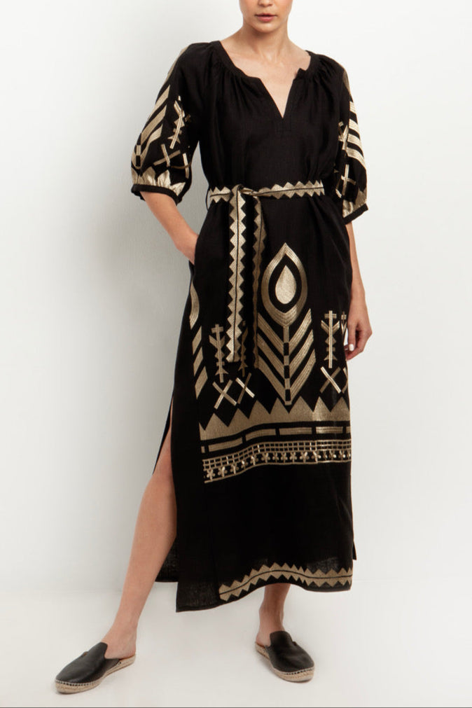 LONG LINEN DRESS "FEATHER" BLACK/GOLD