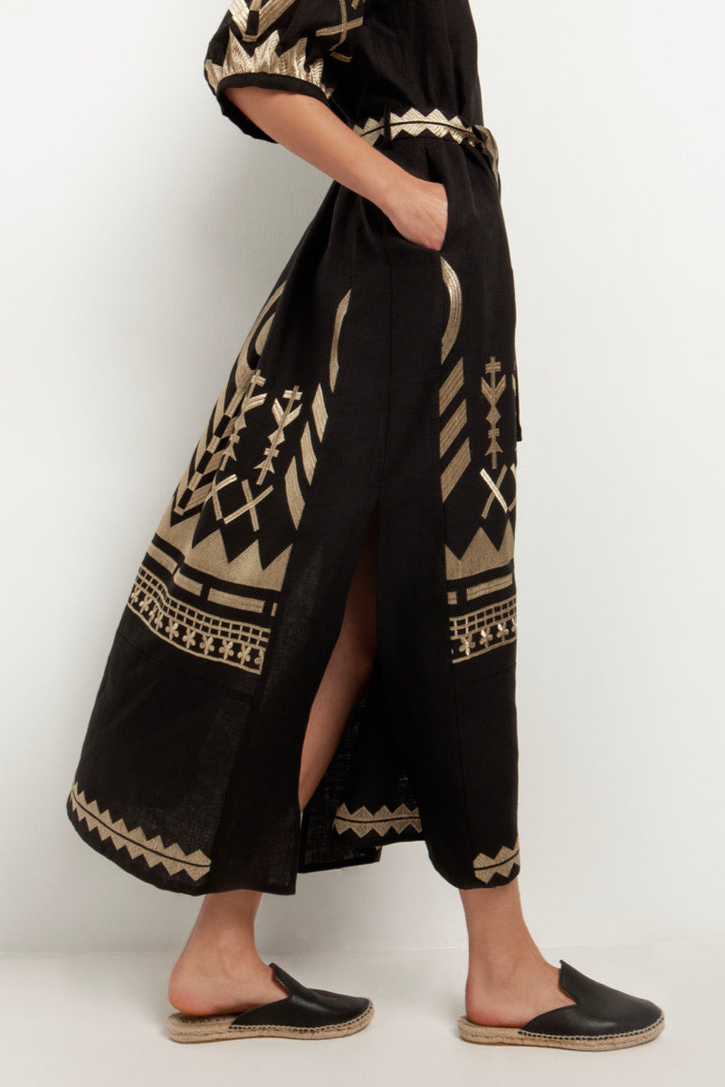 LONG LINEN DRESS "FEATHER" BLACK/GOLD