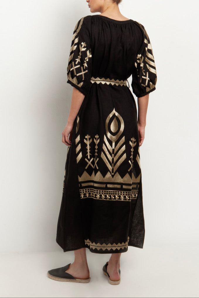 LONG LINEN DRESS "FEATHER" BLACK/GOLD