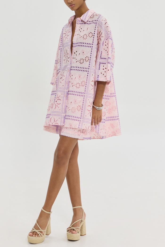 OVERSIZED EMBROIDERED COTTON BLOUSE "JANNA" PALE PINK/LILAC