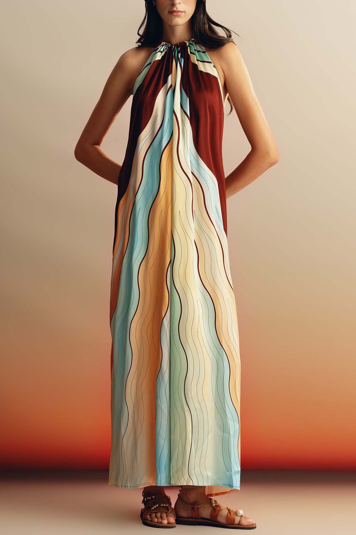 LONG SILKY HALTER NECK DRESS "JULIA" SUNSET