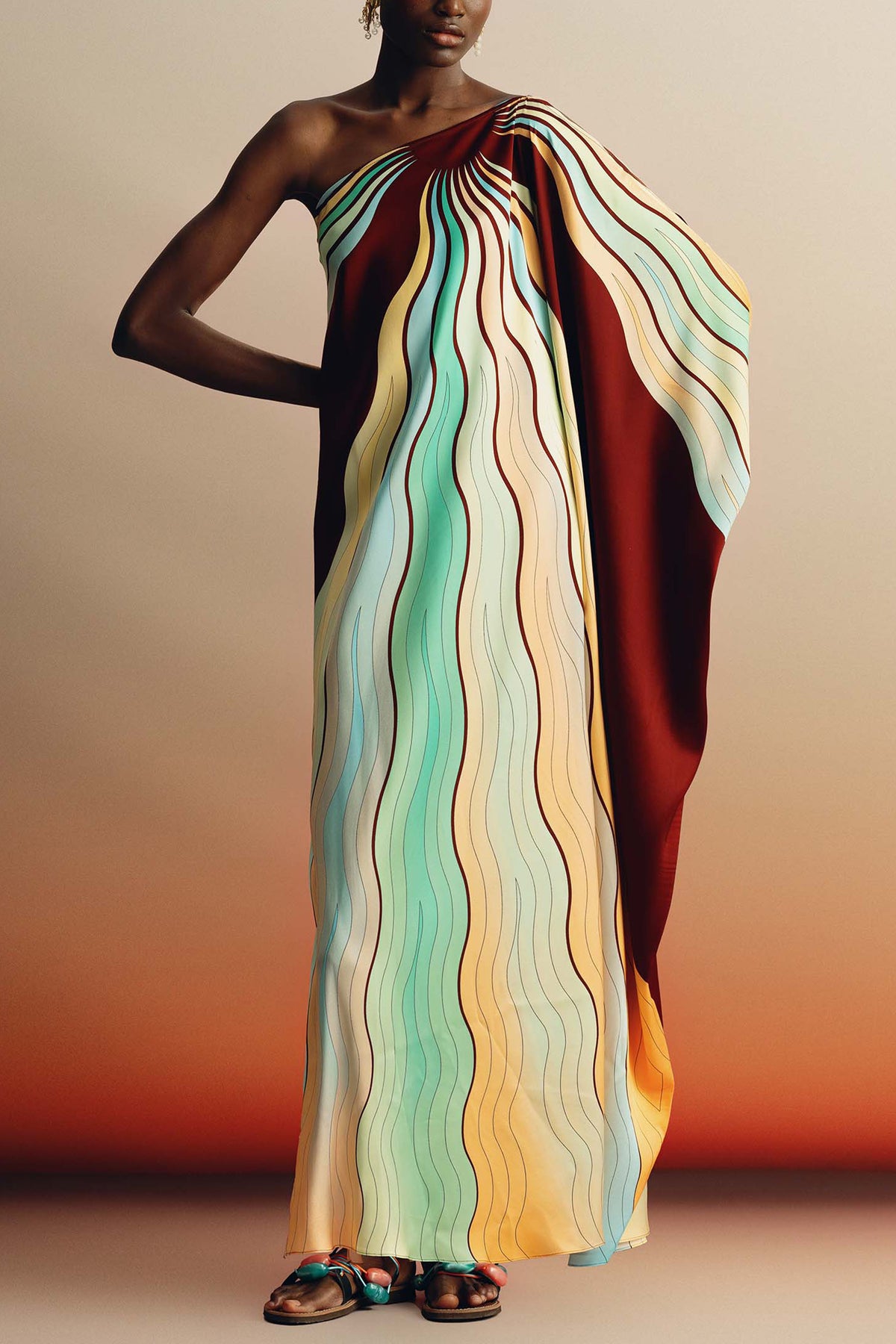 LONG SILKY ONE SHOULDER DRESS "KALLAS" SUNSET