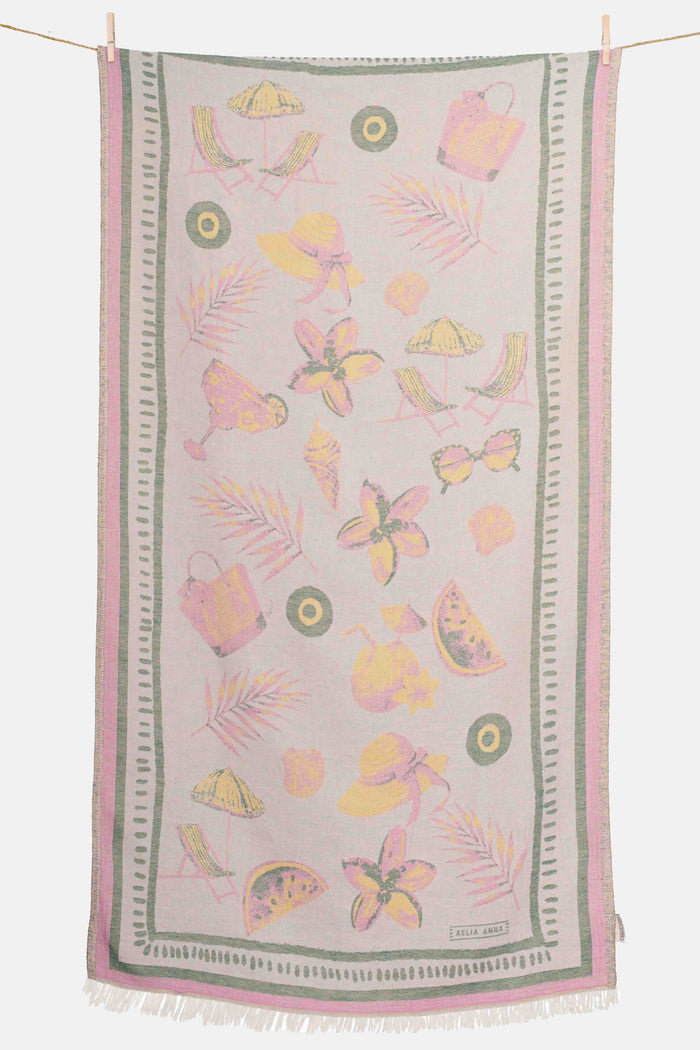 WOVEN BEACH TOWEL "KALOKERI" PINK/GREEN/YELLOW