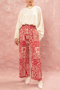 PRINTED WIDE LEG PANTS "KOUVERTA” RED/OFF WHITE