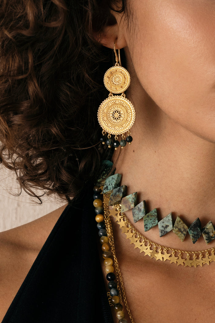 LONG EARRINGS "LABYRINTH DOUBLE" GOLD/CATS EYE