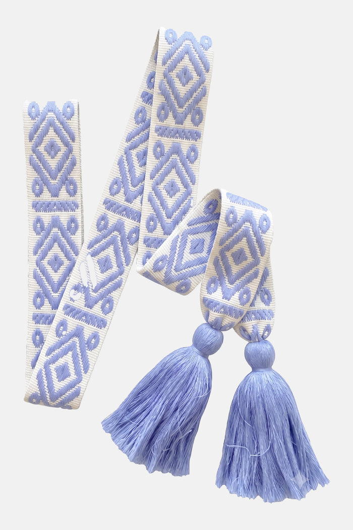 WOVEN BELT WITH TASSELS "AZTEK" LAVENDER BLUE/ECRU