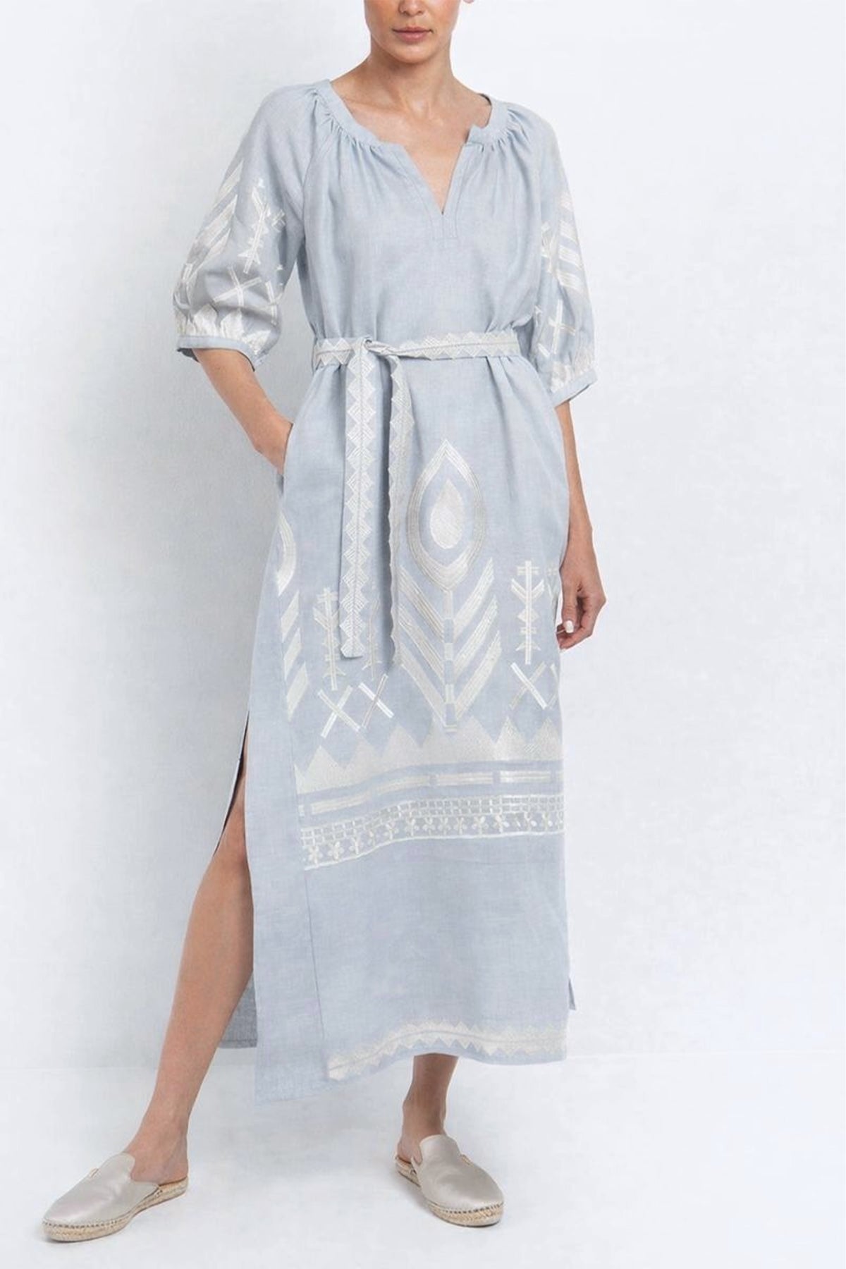 LONG LINEN KAFTAN DRESS "FEATHER" LIGHT GREY/CHAMPAGNE