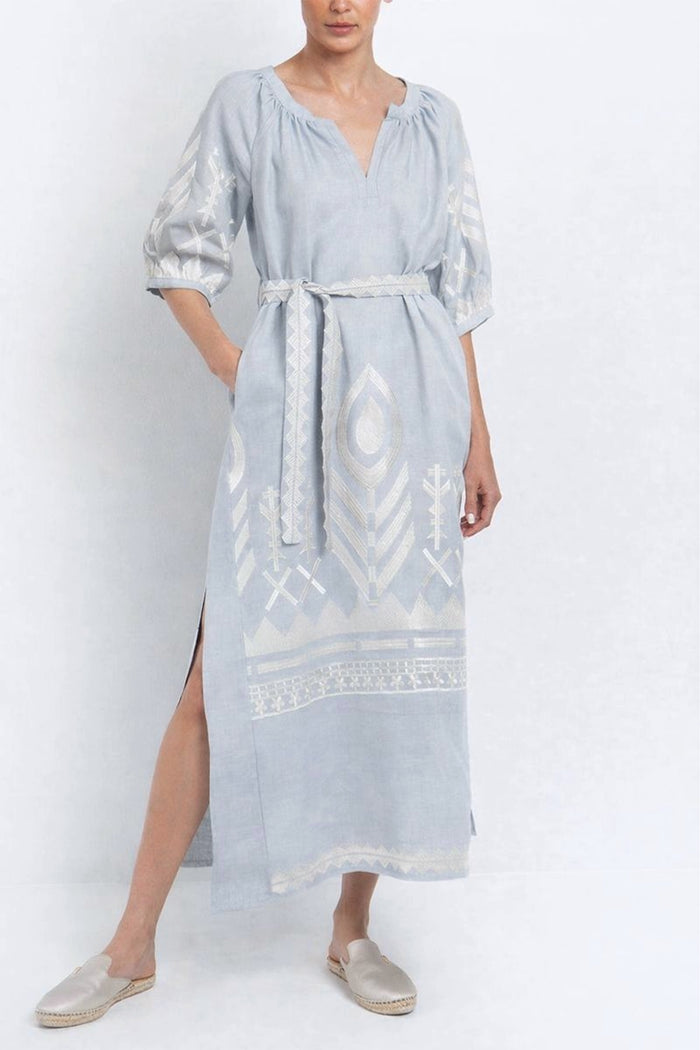 LONG LINEN KAFTAN DRESS "FEATHER" LIGHT GREY/CHAMPAGNE