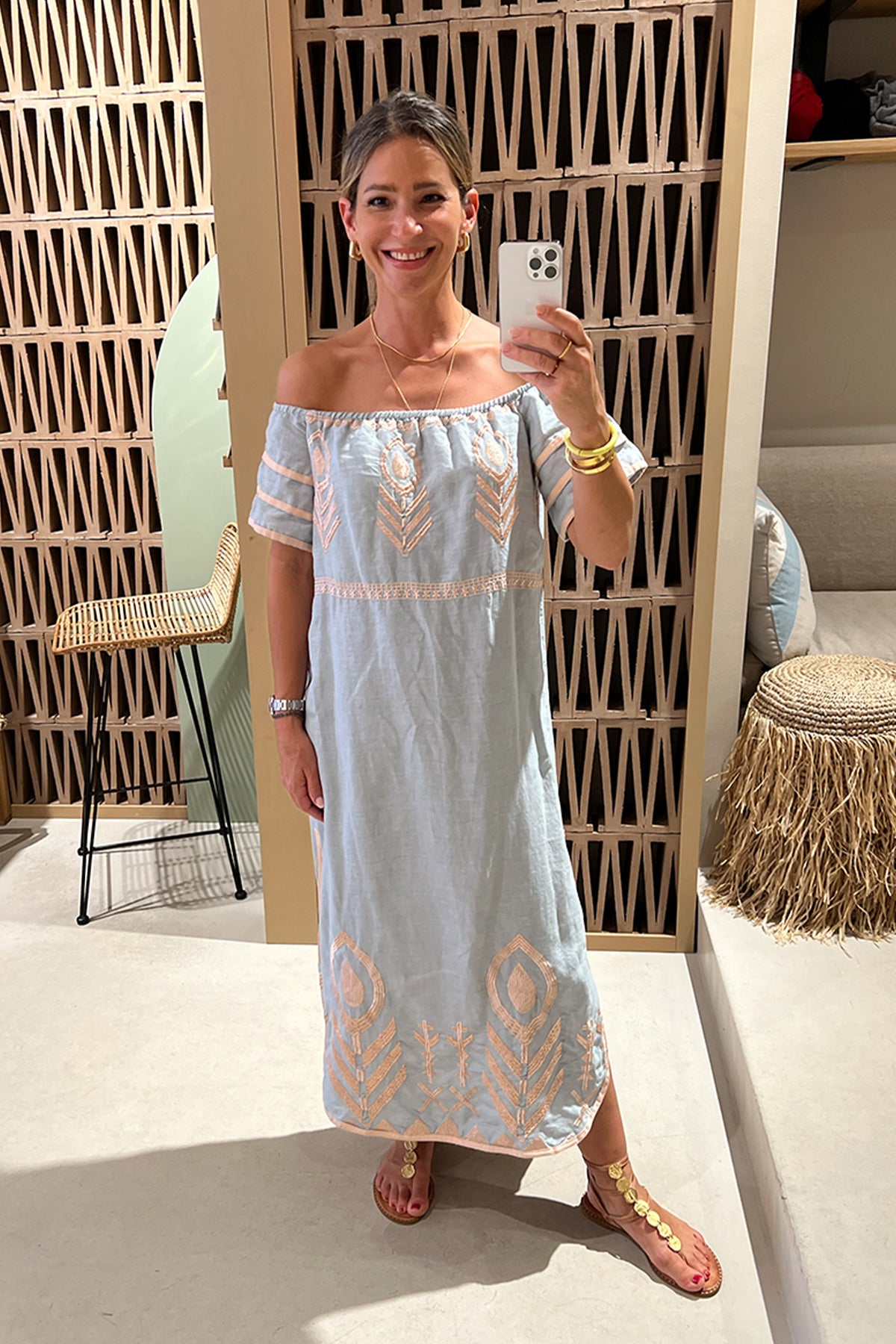 OFF SHOULDER LINEN DRESS "FEATHER" LIGHT GREY/PINK