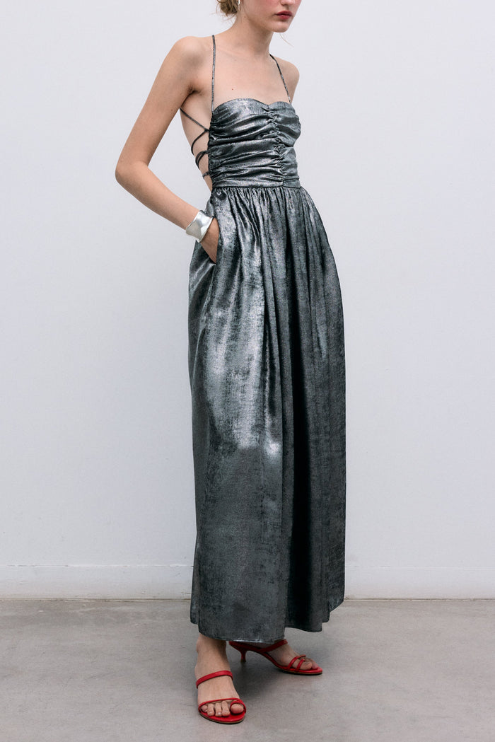 BACKLESS MIDI DRESS LIQUID SILVER