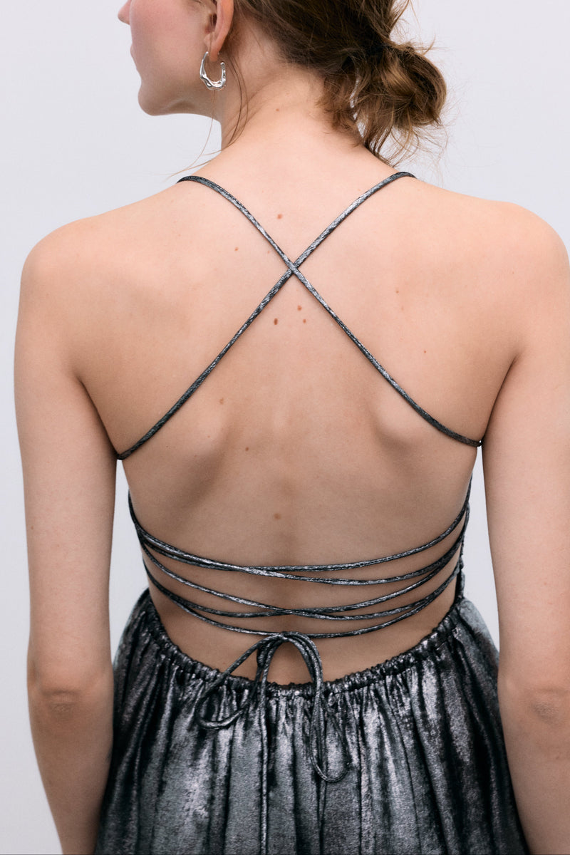 BACKLESS MIDI DRESS LIQUID SILVER