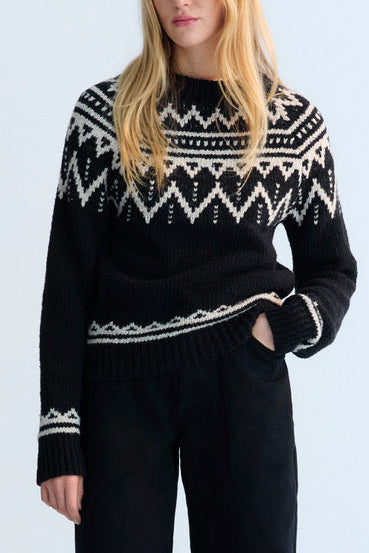 WOOL KNIT PULLOVER "LUNA" BLACK/ECRU