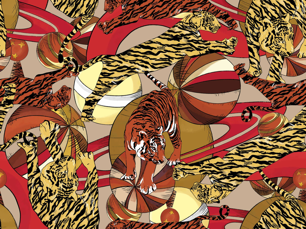 SILKY SCARF "PEGASUS" RED/BROWN/YELLOW