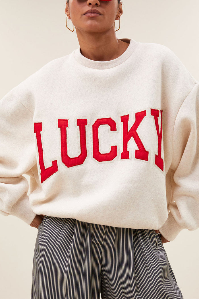 OVERSIZED COTTON SWEATER "LUCKY" BEIGE/RED