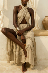 NECKHOLDER TOP WITH FRINGES "SELVA" SAND