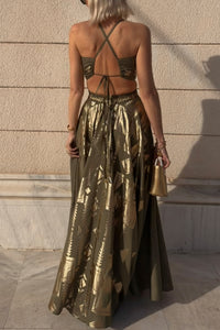 LONG JACQUARD NECKHOLDER DRESS  "ILYSSIA" OLIVE GREEN/GOLD