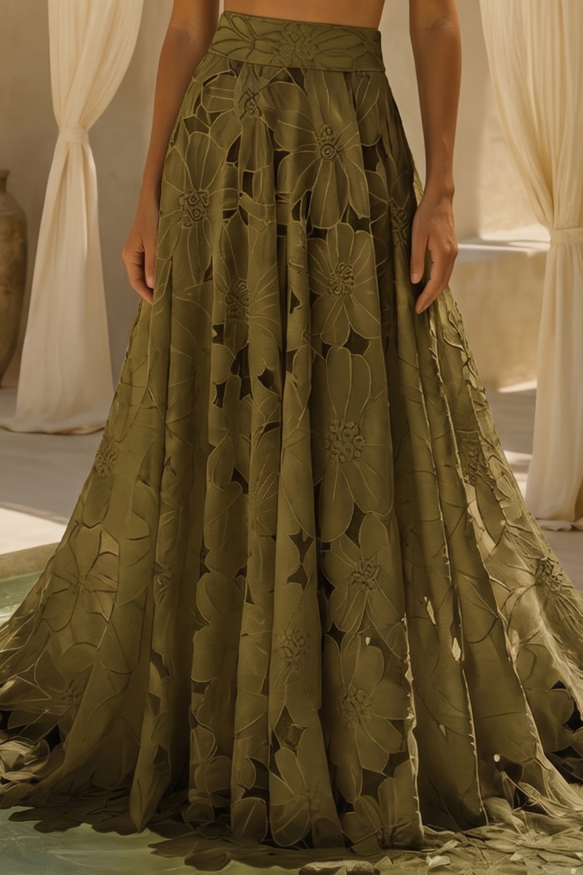 LONG LACE SKIRT "CALLISTO" OLIVE GREEN