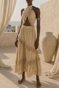 NECKHOLDER TOP WITH FRINGES "SELVA" SAND