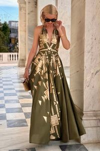 LONG JACQUARD NECKHOLDER DRESS  "ILYSSIA" OLIVE GREEN/GOLD