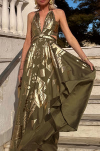 LONG JACQUARD NECKHOLDER DRESS  "ILYSSIA" OLIVE GREEN/GOLD