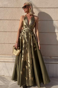 LONG JACQUARD NECKHOLDER DRESS  "ILYSSIA" OLIVE GREEN/GOLD