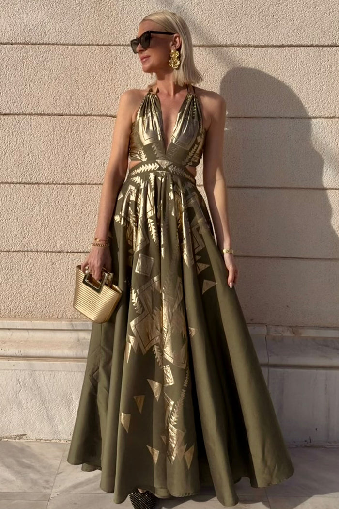 LONG JACQUARD NECKHOLDER DRESS  "ILYSSIA" OLIVE GREEN/GOLD