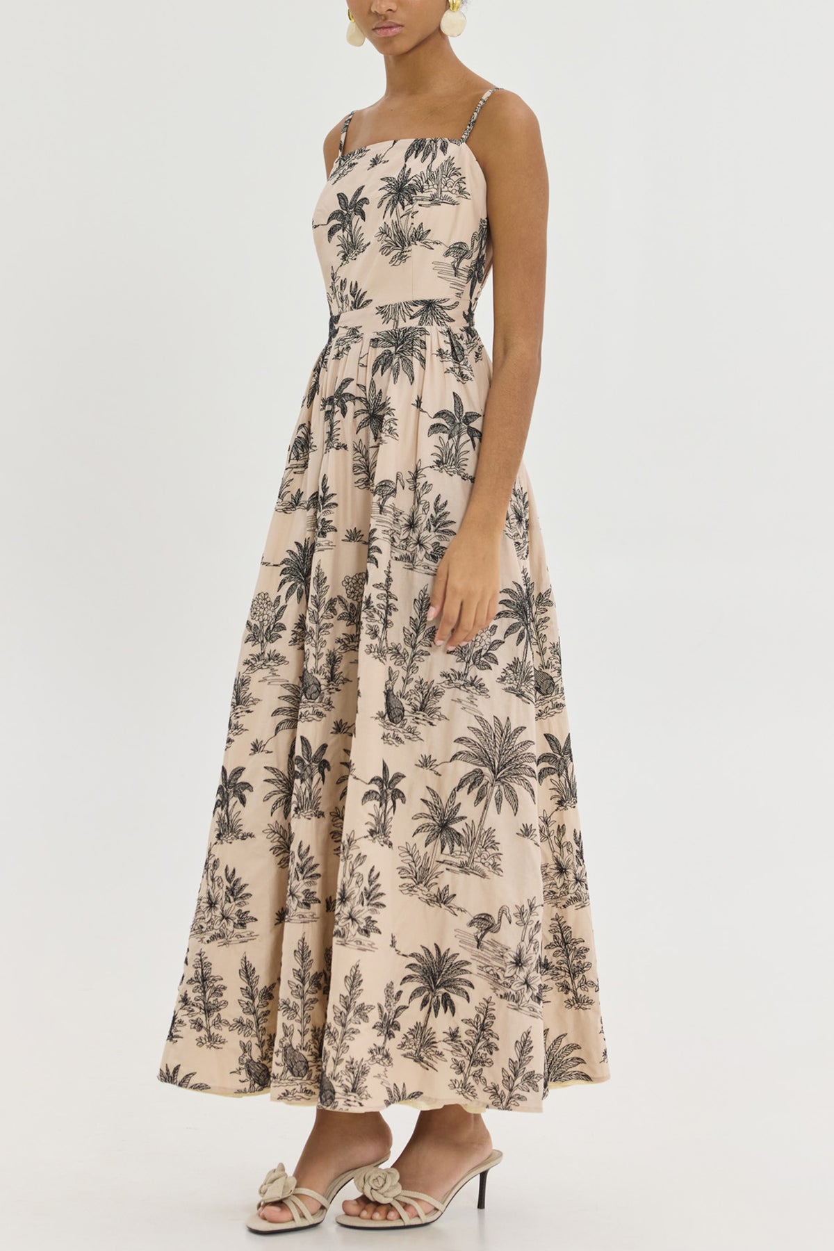 STRAPPY EMBROIDERED MIDI DRESS "MARY" BEIGE/BLACK